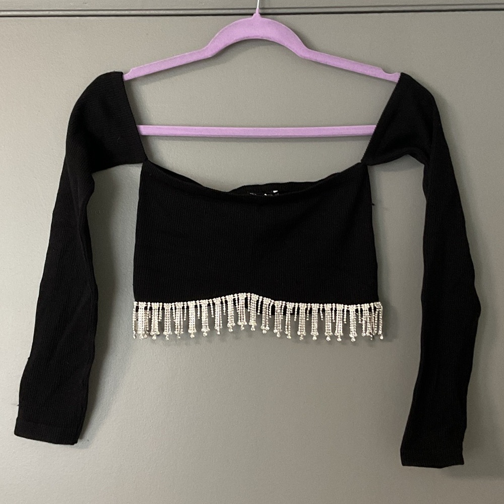 Zara Black Crop Top with Beaded Fringe NWT, Size M/L